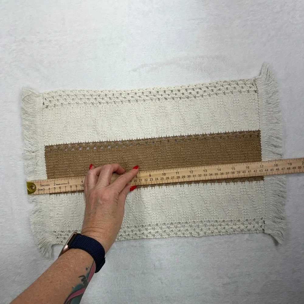 Boho Set of 6 Woven Placemats Crochet Fringe Farmhouse Cream Tan Neutral Beige